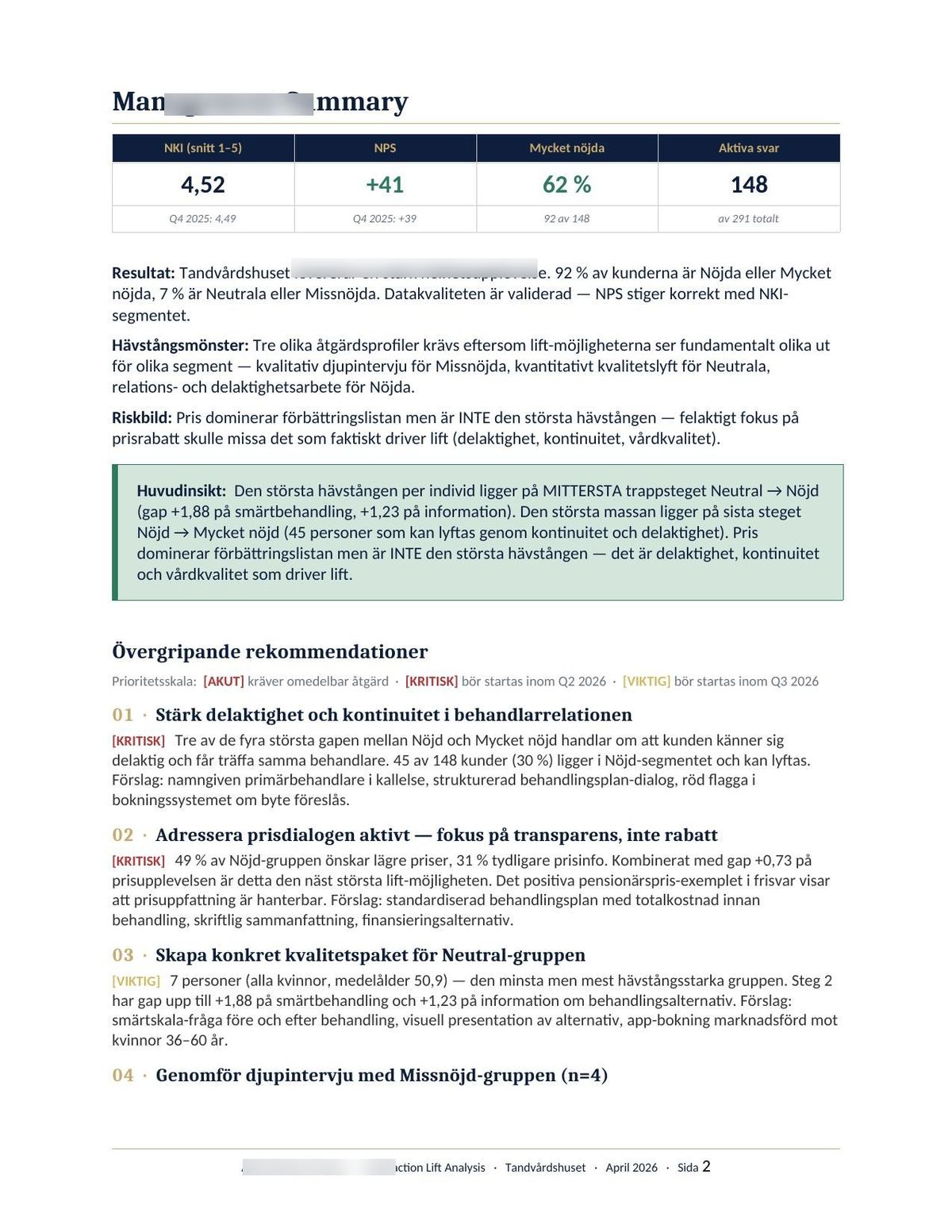 Satisfaction Lift Analysis — Management Summary with prioritised recommendations